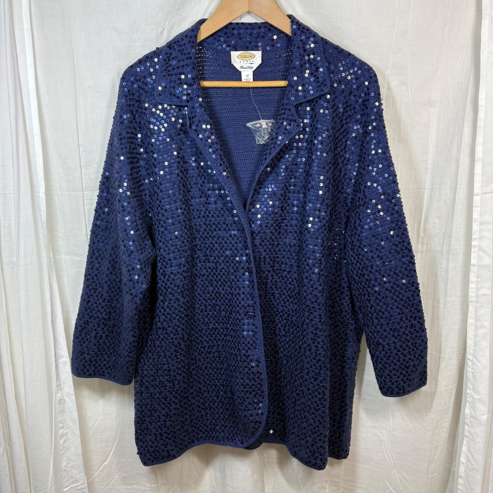 Talbots Woman Hand Knit Sequin Blazer Cardigan Navy Blue Size‎ 3X ***READ***